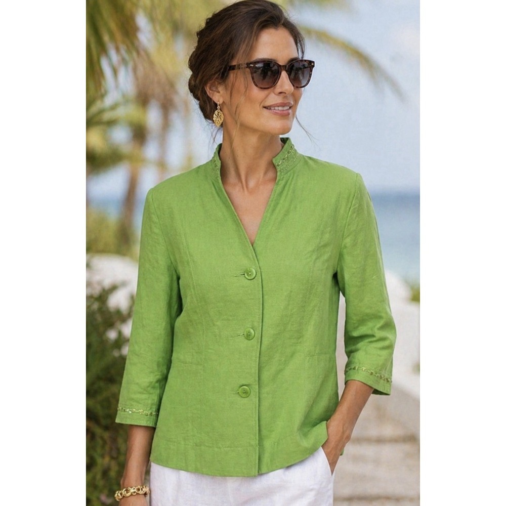 Vintage Dressbarn Womens Embroidered Linen Jacket Size S Lime Green Sequin Butto